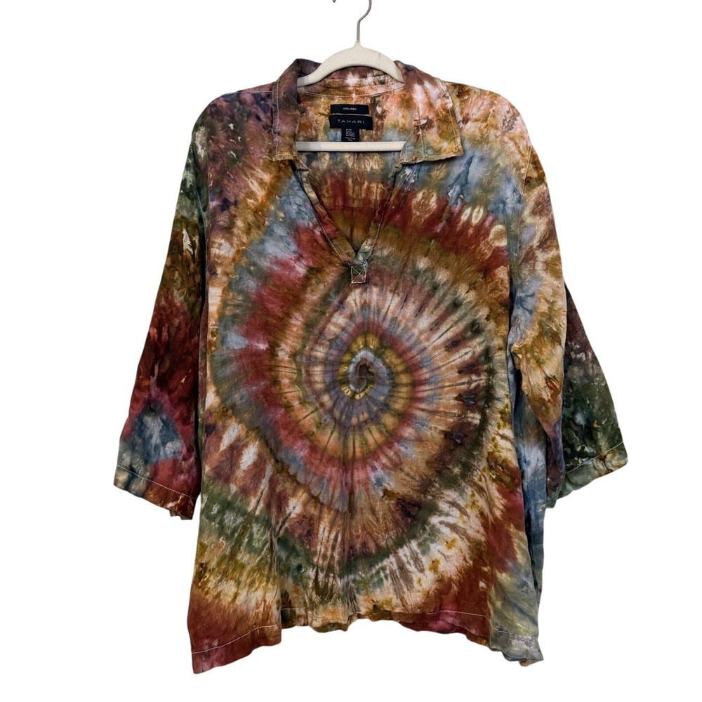 Tahari Tie Dye 100% Linen Blouse Shirt Plus Sz 3X Pullover Lagenlook Hippie Boho